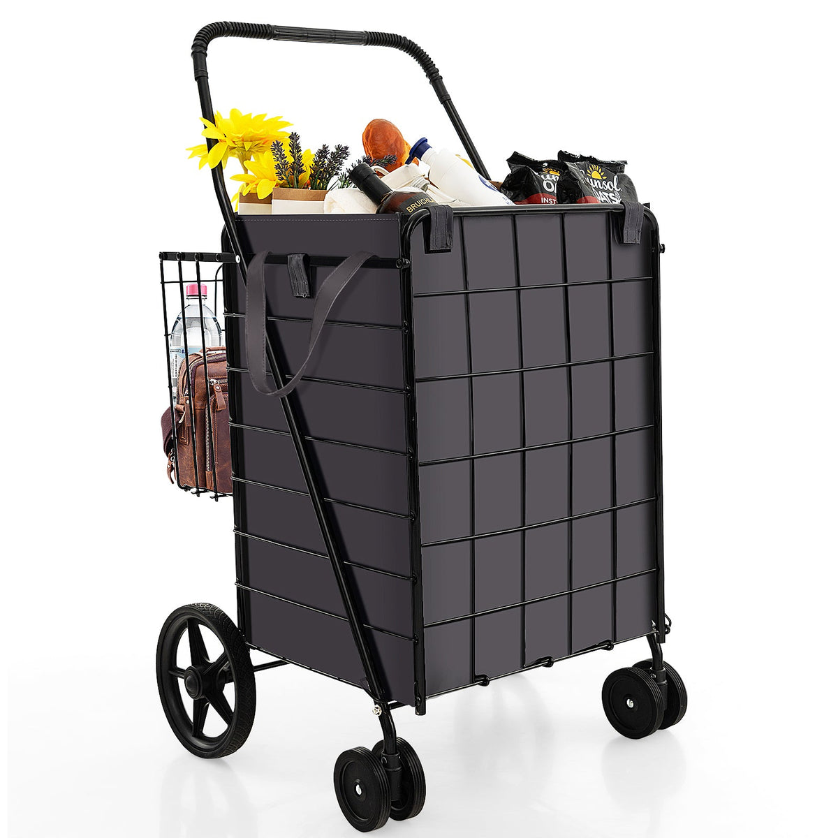 Folding Rolling Shopping Cart with Waterproof Liner and Basket-Black DirectDeals