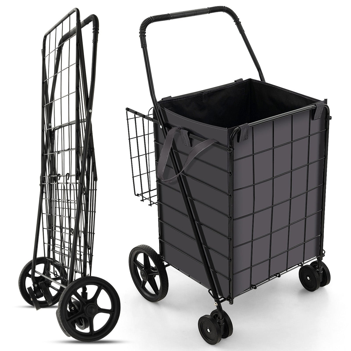 Folding Rolling Shopping Cart with Waterproof Liner and Basket-Black DirectDeals