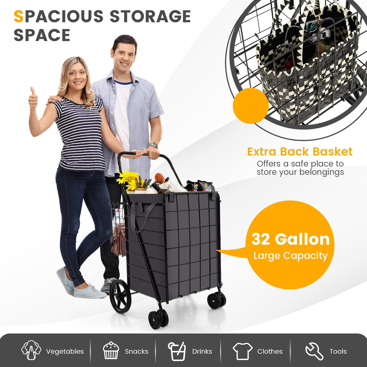Folding Rolling Shopping Cart with Waterproof Liner and Basket-Black DirectDeals