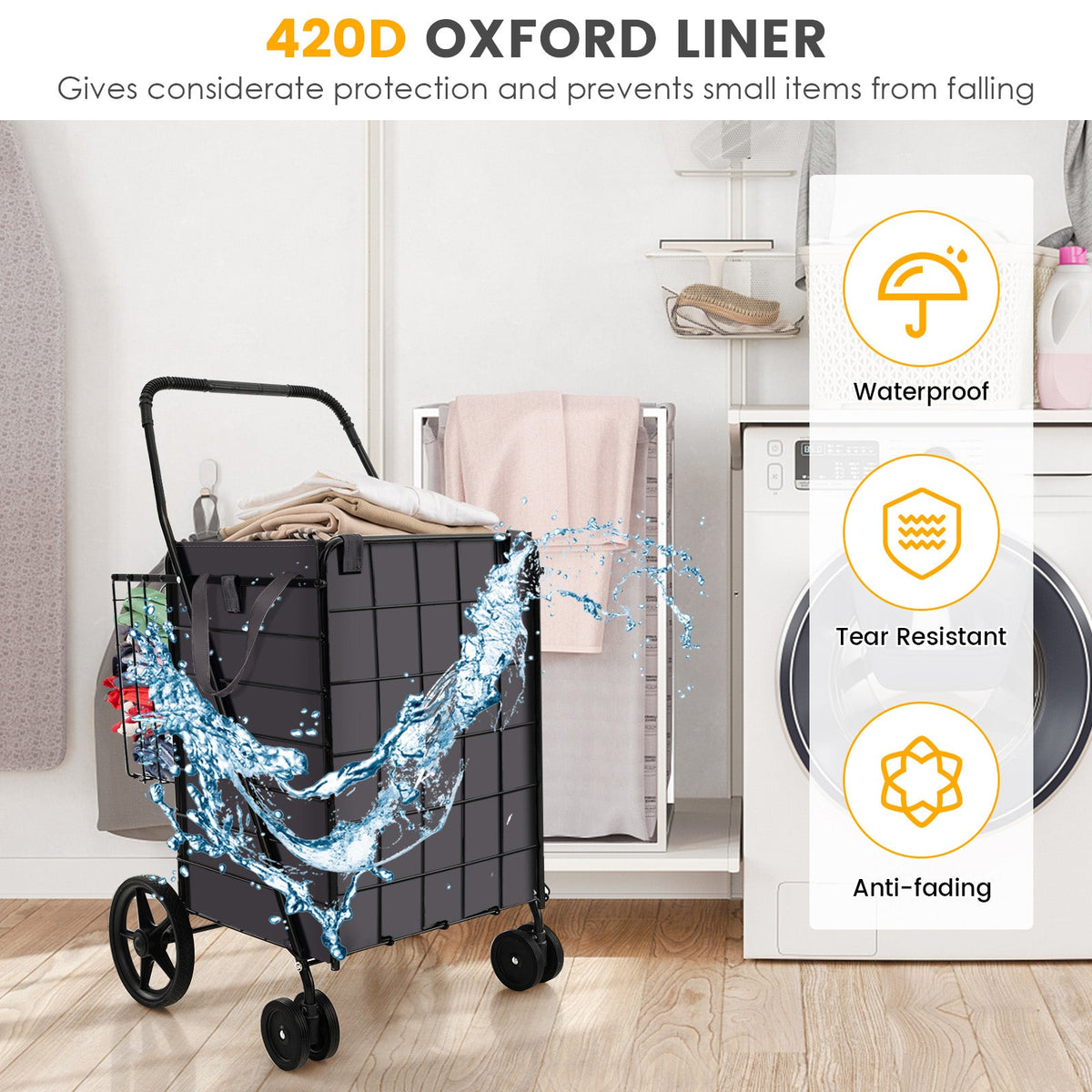 Folding Rolling Shopping Cart with Waterproof Liner and Basket-Black DirectDeals