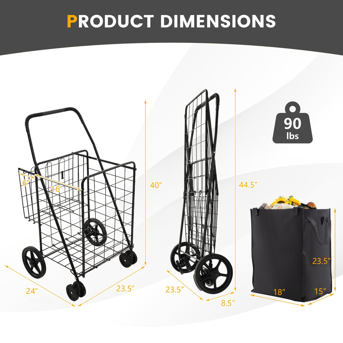 Folding Rolling Shopping Cart with Waterproof Liner and Basket-Black DirectDeals