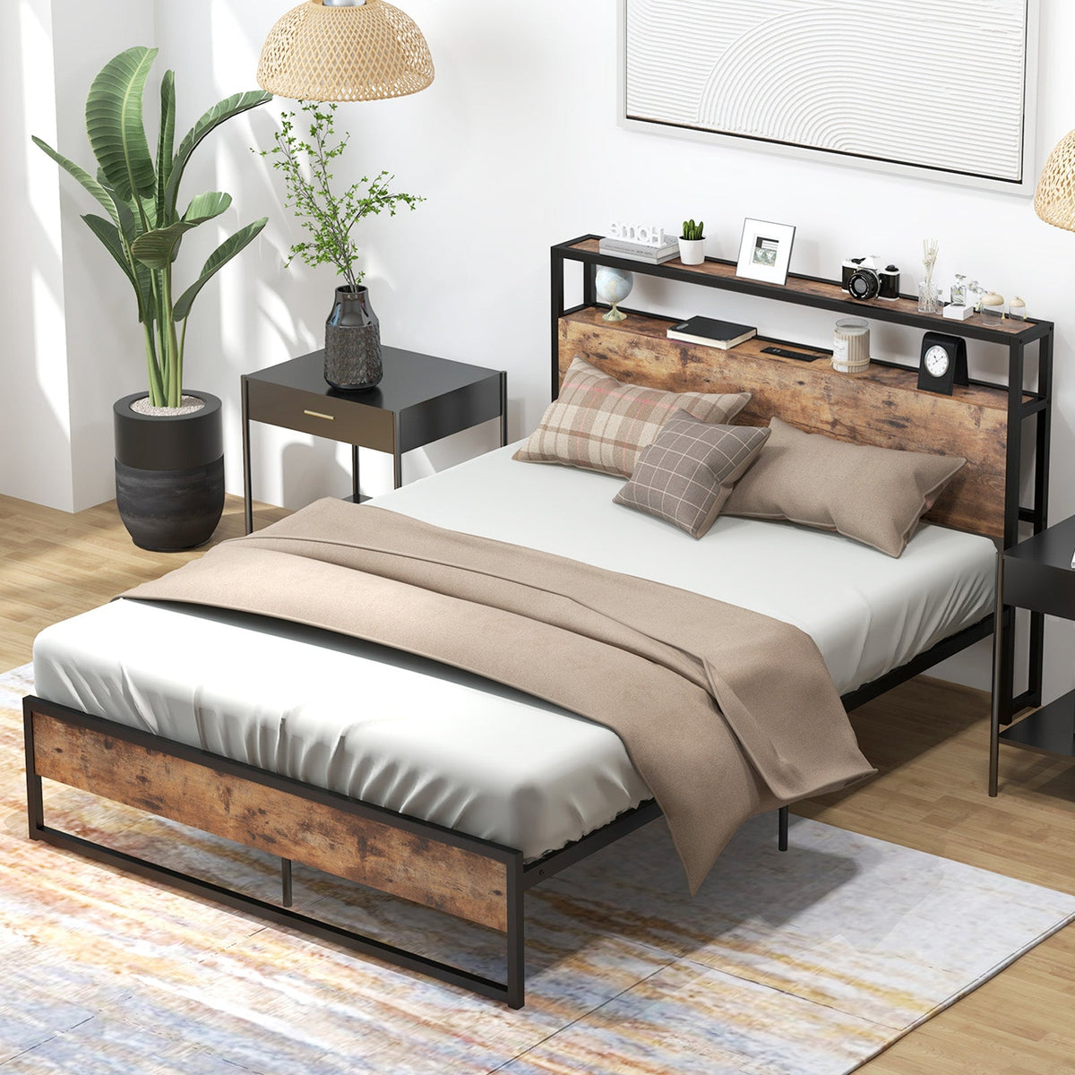 Full/Queen Bed Frame with 2-Tier Storage Headboard and Charging Station