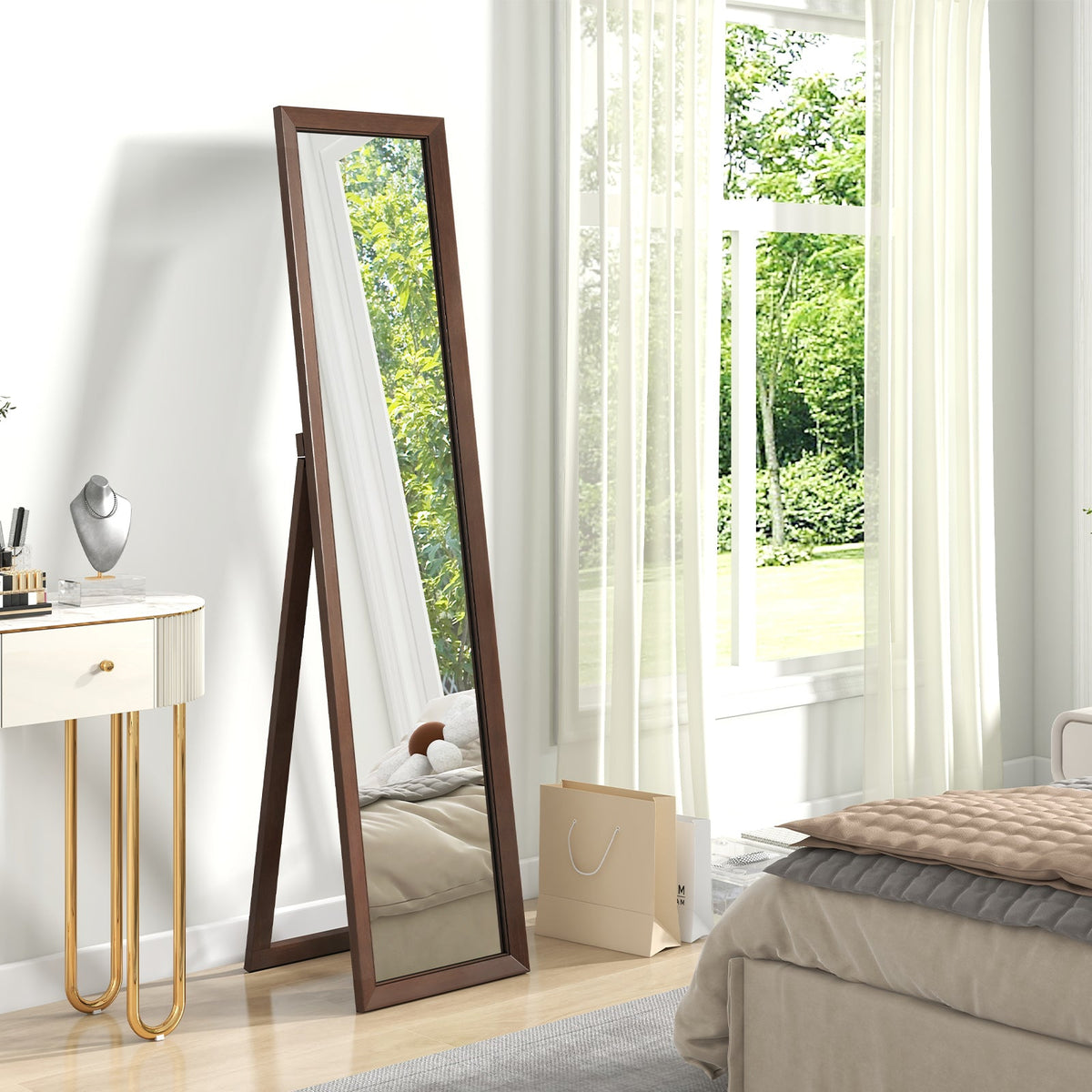 Full Length Mirror with Stand and Solid Wood Frame