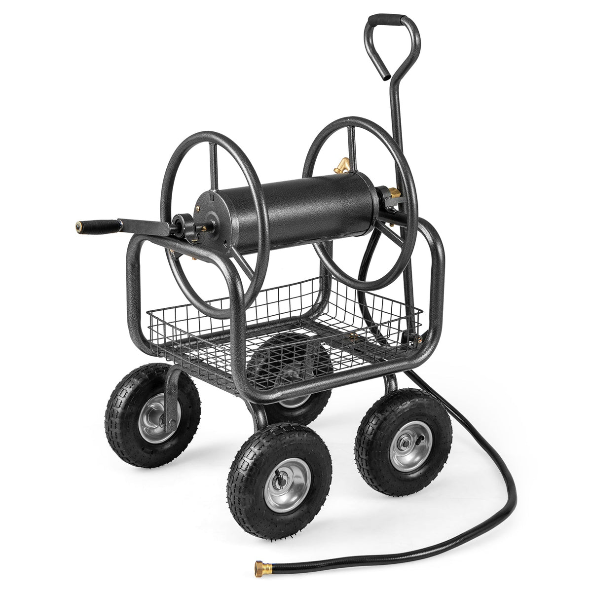 Garden Hose Reel Cart 300 Feet Large Capacity with 4 Wheels and Storage Basket-Gray
