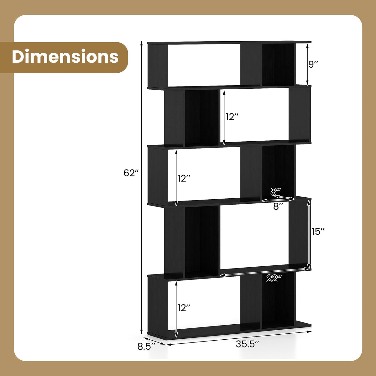 Geometric Bookshelf Set of 2 5-Tier Bookcase with Open Shelves and Closed-back Cubes
