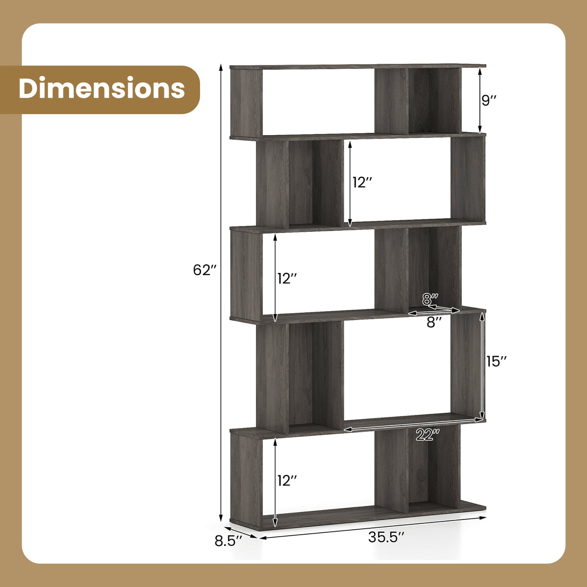 Geometric Bookshelf Set of 2 5-Tier Bookcase with Open Shelves and Closed-back Cubes