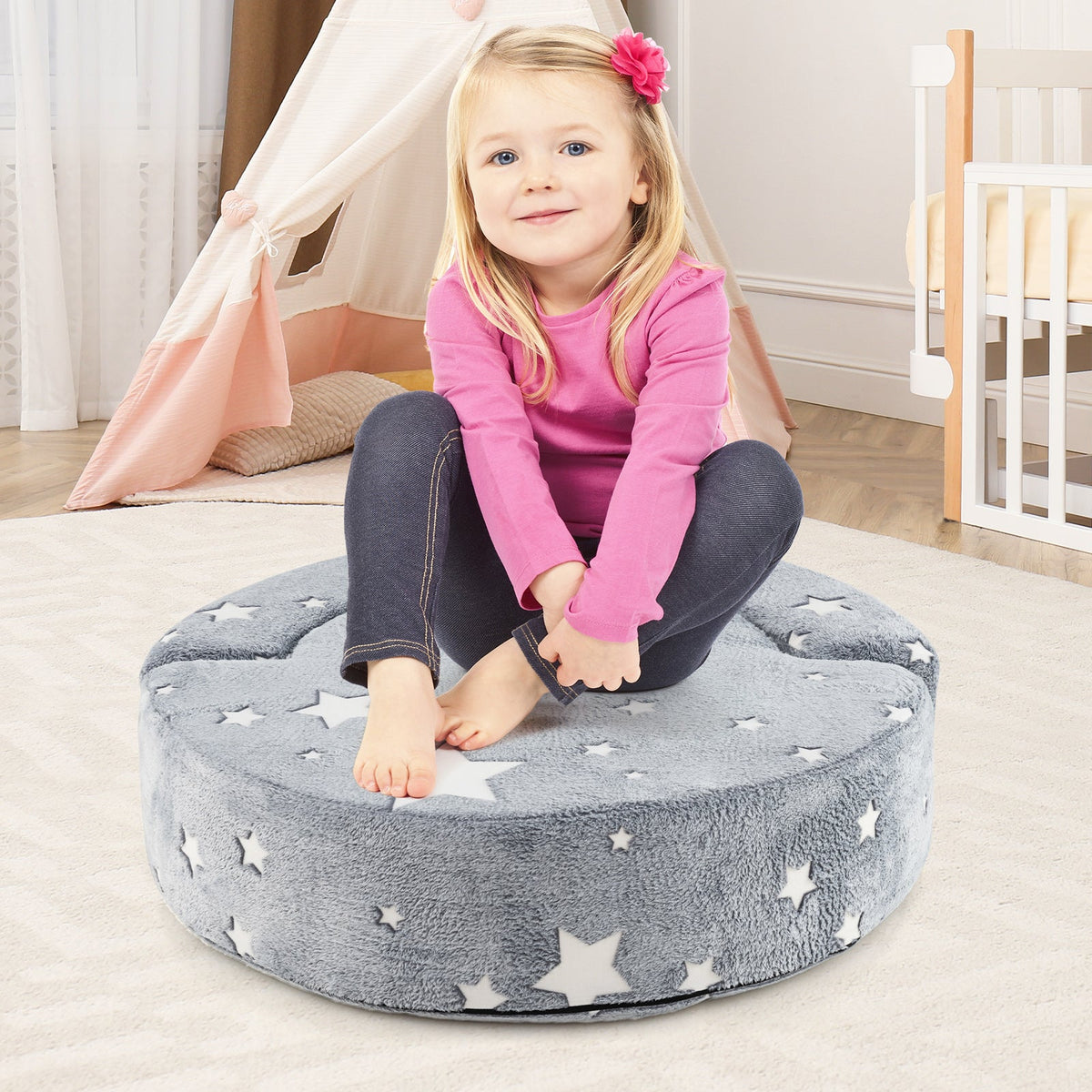 2-in-1 Convertible Glow in the Dark Kids Sofa with Removable Washable Cover-Gray