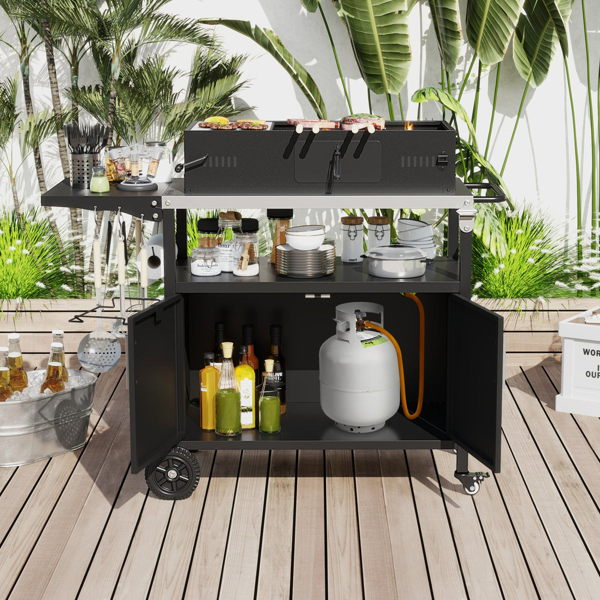 Outdoor Grill Cart with Storage and Folding Stainless Steel Top-Black