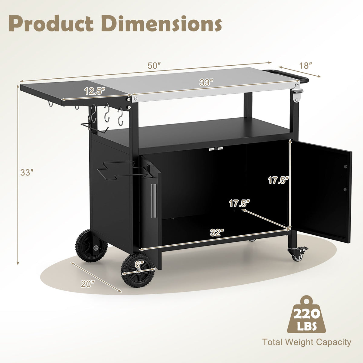 Outdoor Grill Cart with Storage and Folding Stainless Steel Top-Black