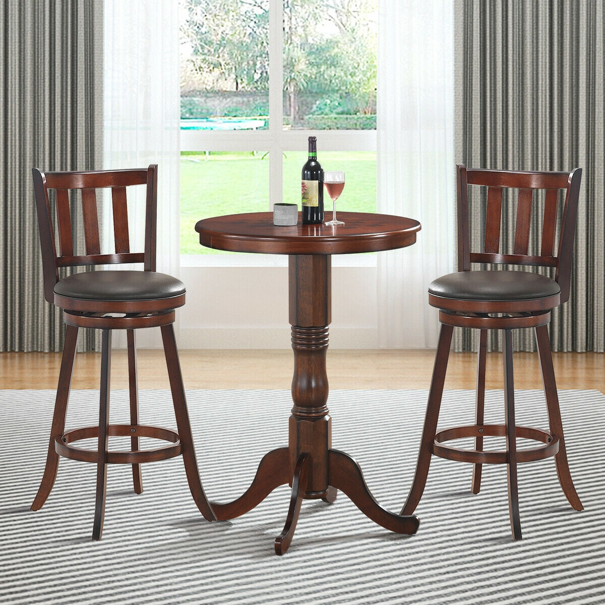 2 Pieces 360 Degree Swivel Wooden Counter Height Bar Stool Set with Cushioned Seat DirectDeals
