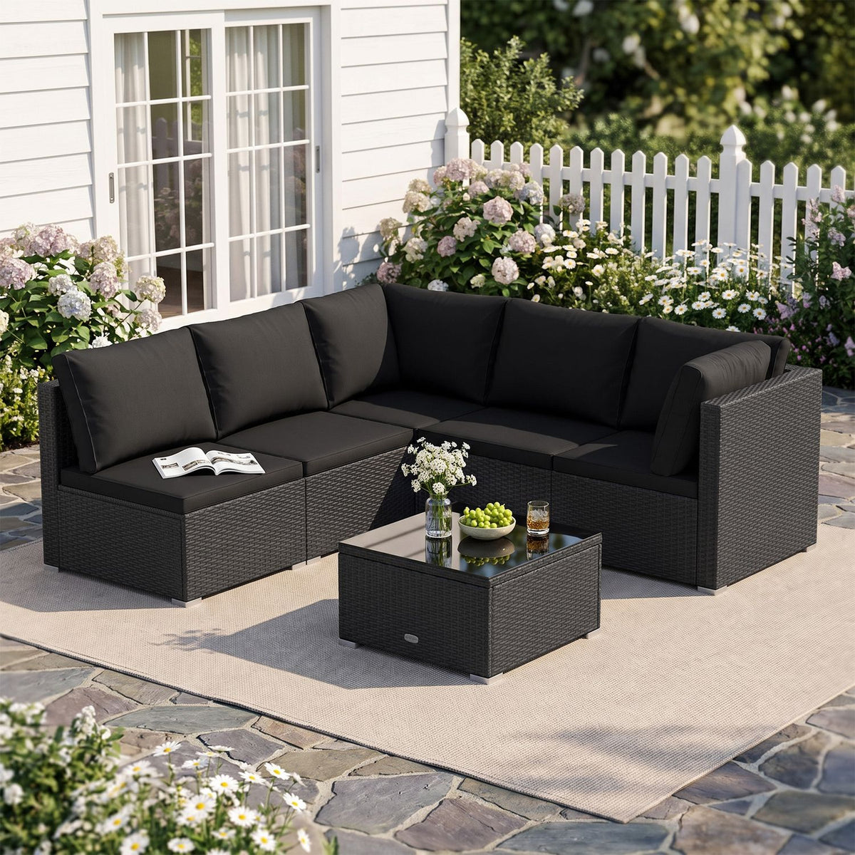 6 Pieces Patio Rattan Furniture Set with Cushions DirectDeals