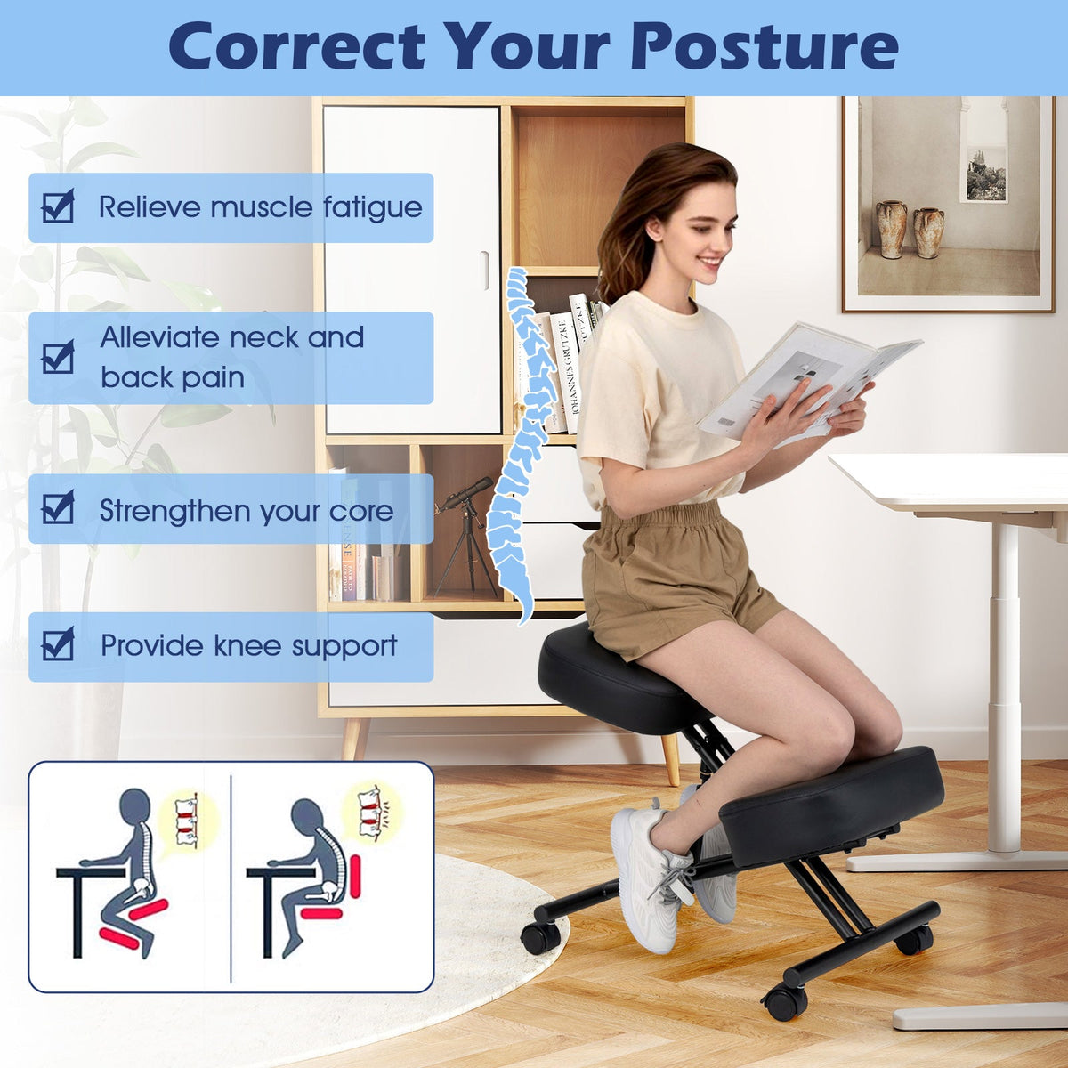 Height Adjustable Kneeling Chair Posture Correction Stool