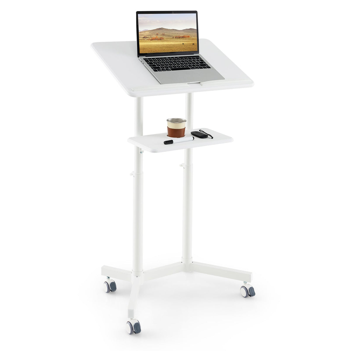 Mobile Lectern Podium Height-adjustable Rolling Laptop Cart with Tilting Top Storage Tray