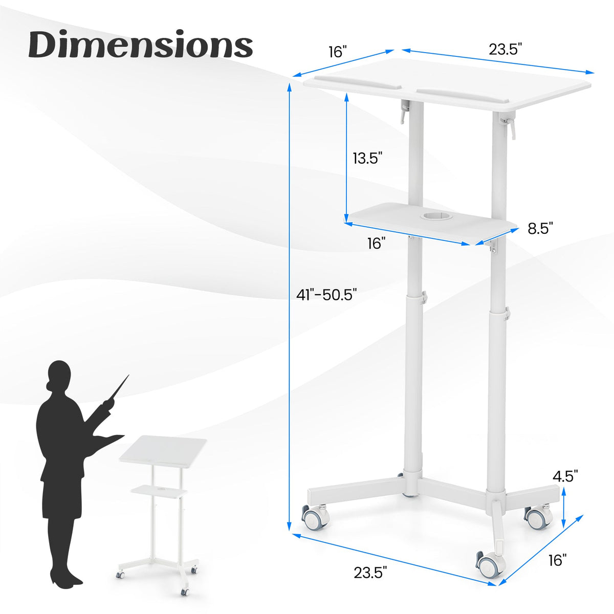 Mobile Lectern Podium Height-adjustable Rolling Laptop Cart with Tilting Top Storage Tray