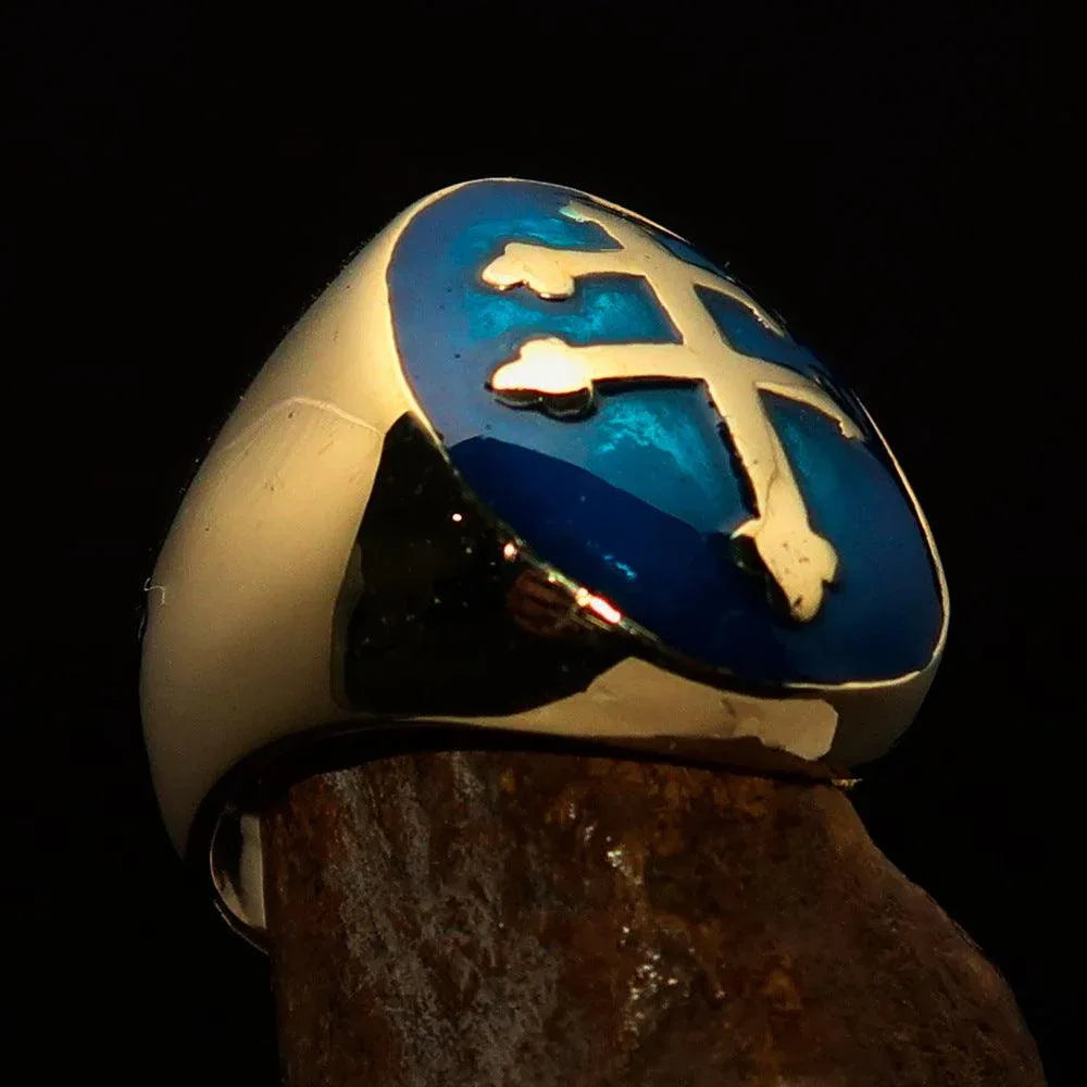 Excellent crafted oval domed Men's blue Cross Lorraine Ring - solid