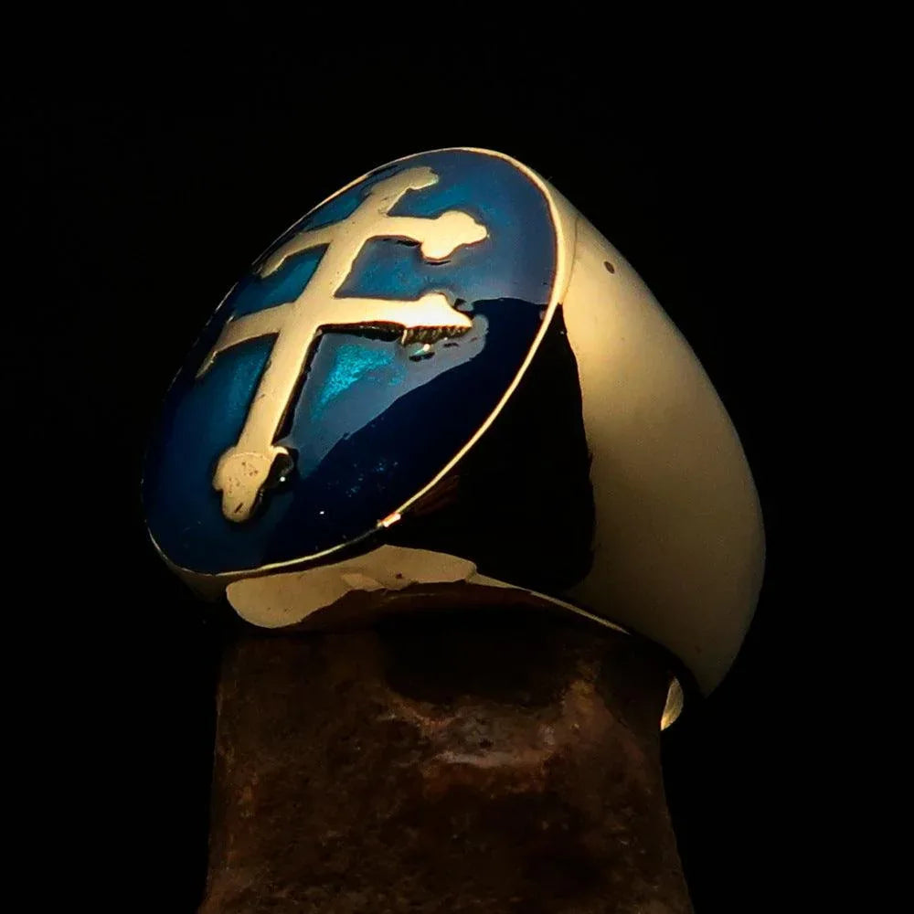 Excellent crafted oval domed Men's blue Cross Lorraine Ring - solid