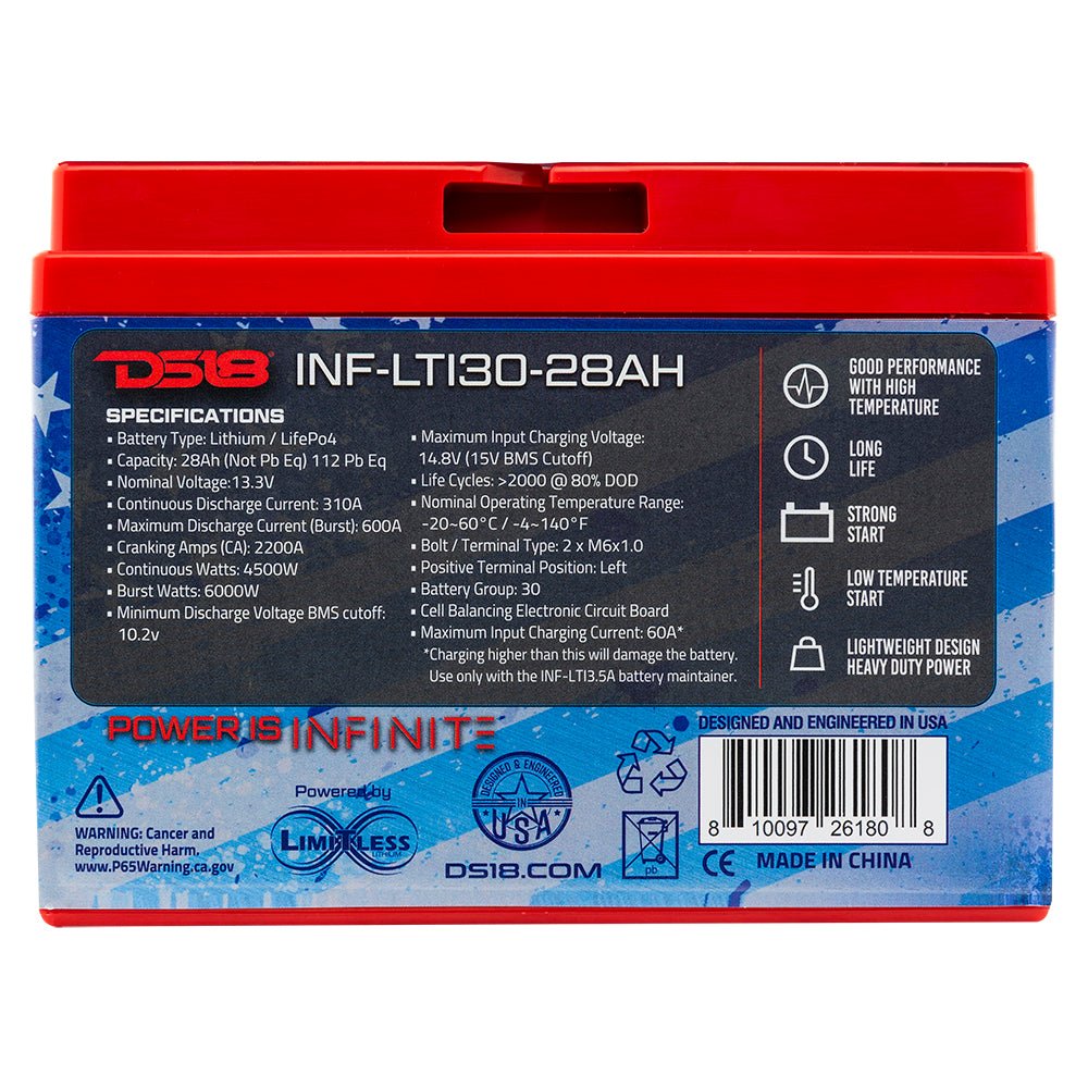 INF-LTI30-28AH INFINITE 28 AH Lithium Battery YTX30 Large Case With BMS - Perfect for Motorcycles DS18