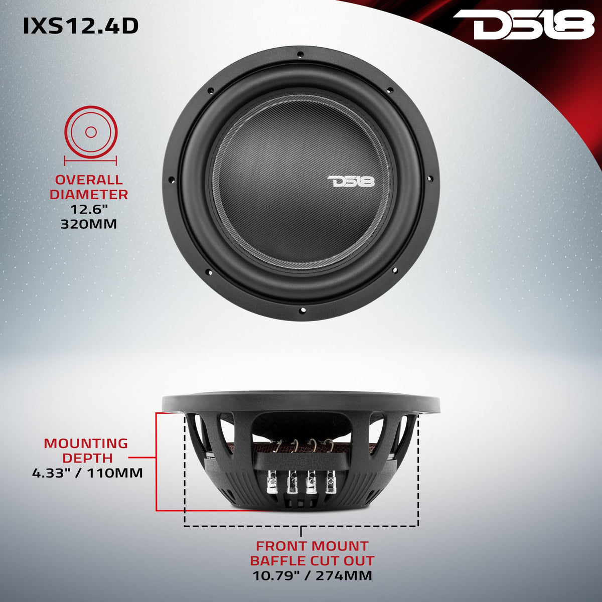 IXS Shallow-Mount 12" Fiber Glass Subwoofer 800 Watts Rms DVC 4-Ohm DS18