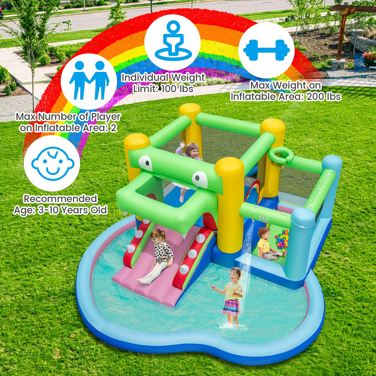 Inflatable Bounce House with Slide and Splash Pooland and 680W Blower