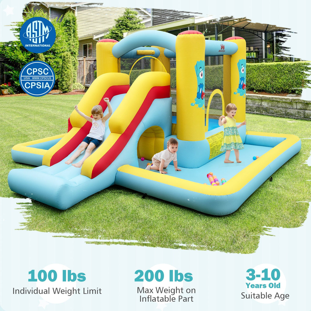 Inflatable Bounce House 7-in-1 Bouncy Castle with Slide and Tunnel without Blower