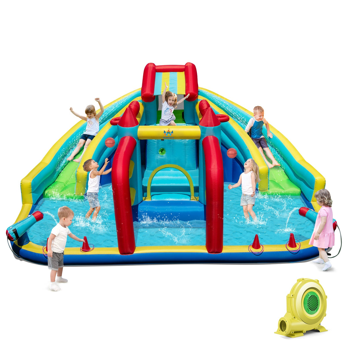 Inflatable Double Water Slide Park with Obstacle Course and 735W Blower