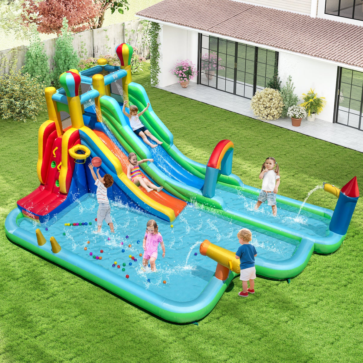 Inflatable Water Slide Park Giant Bounce House with Double Long Slides