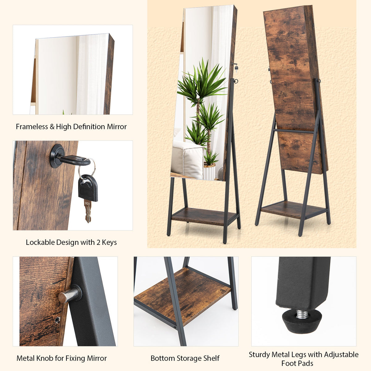 Freestanding Jewelry Cabinet with Full-Length Mirror