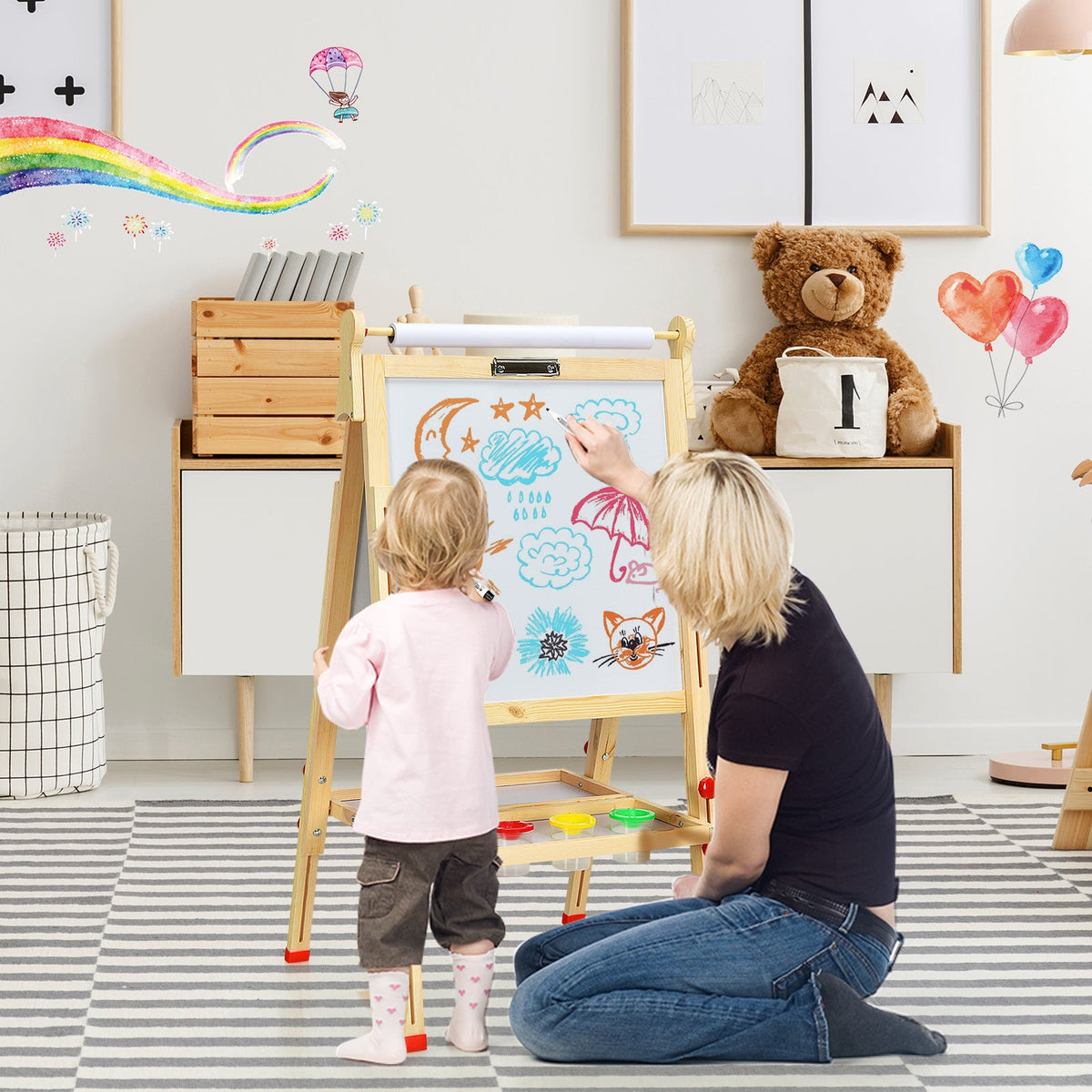 Kids Art Easel with Paper Roll Double-Sided Regulable Drawing Easel Plank