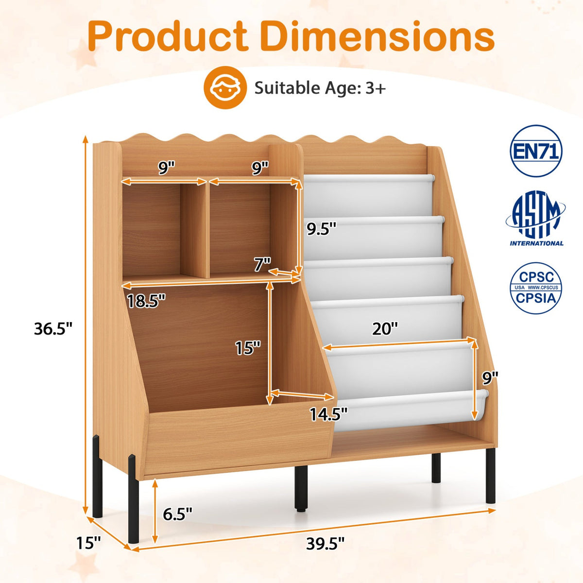 Kids Bookshelf and Toy Storage Organizer with 5 Fabric Pockets DirectDeals