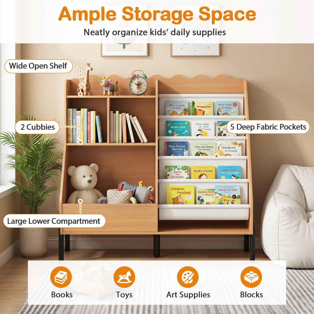Kids Bookshelf and Toy Storage Organizer with 5 Fabric Pockets DirectDeals