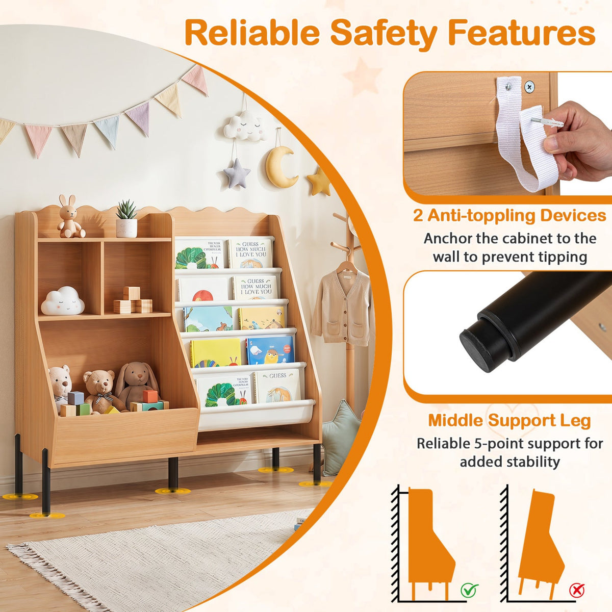 Kids Bookshelf and Toy Storage Organizer with 5 Fabric Pockets DirectDeals