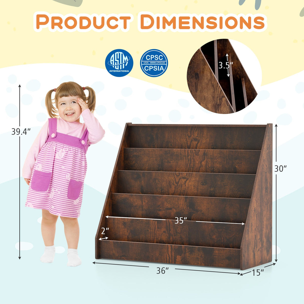 5-Tier Kids Bookshelf with Deep Compartments and Stable Baby Book Case