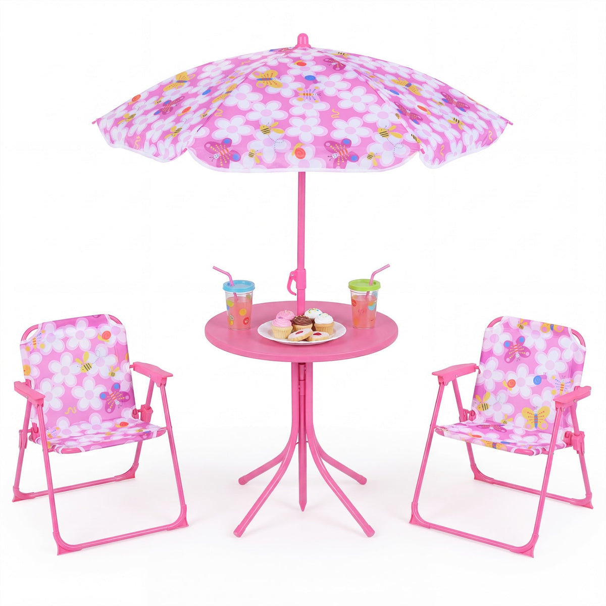 Kids Outdoor Table and Chair Set with 2 Folding Chairs and Height Adjustable Umbrella