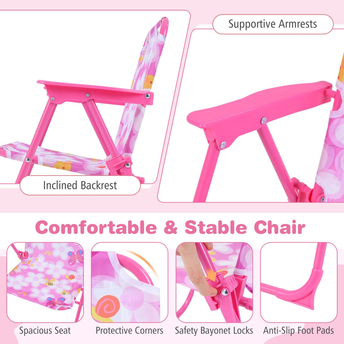 Kids Outdoor Table and Chair Set with 2 Folding Chairs and Height Adjustable Umbrella