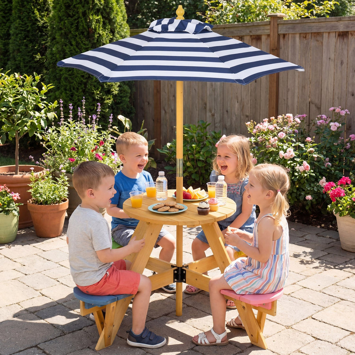 Kids Picnic Table with Stools and Foldable Adjustable Umbrella for Backyard and Patio