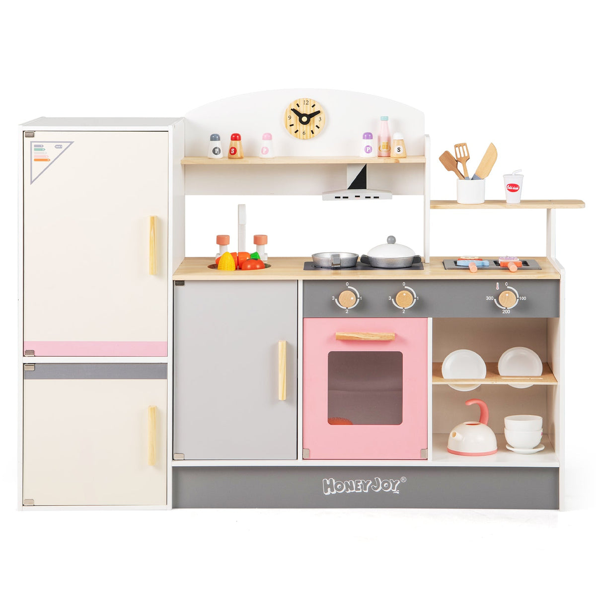 Kids Play Kitchen Set with Realistic Range Hood and Refrigerator