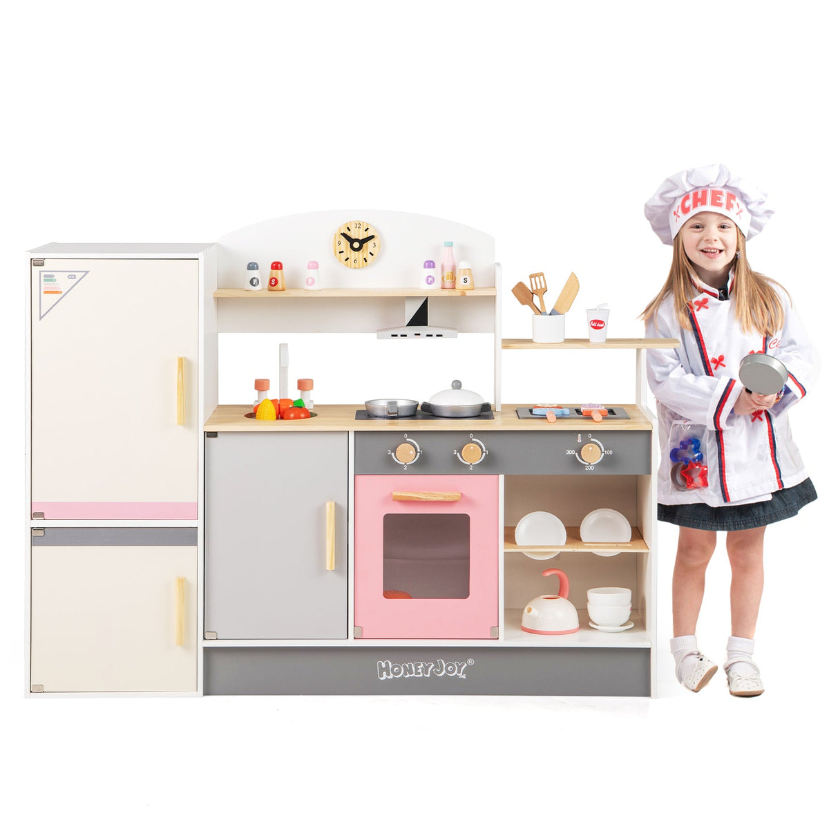 Kids Play Kitchen Set with Realistic Range Hood and Refrigerator