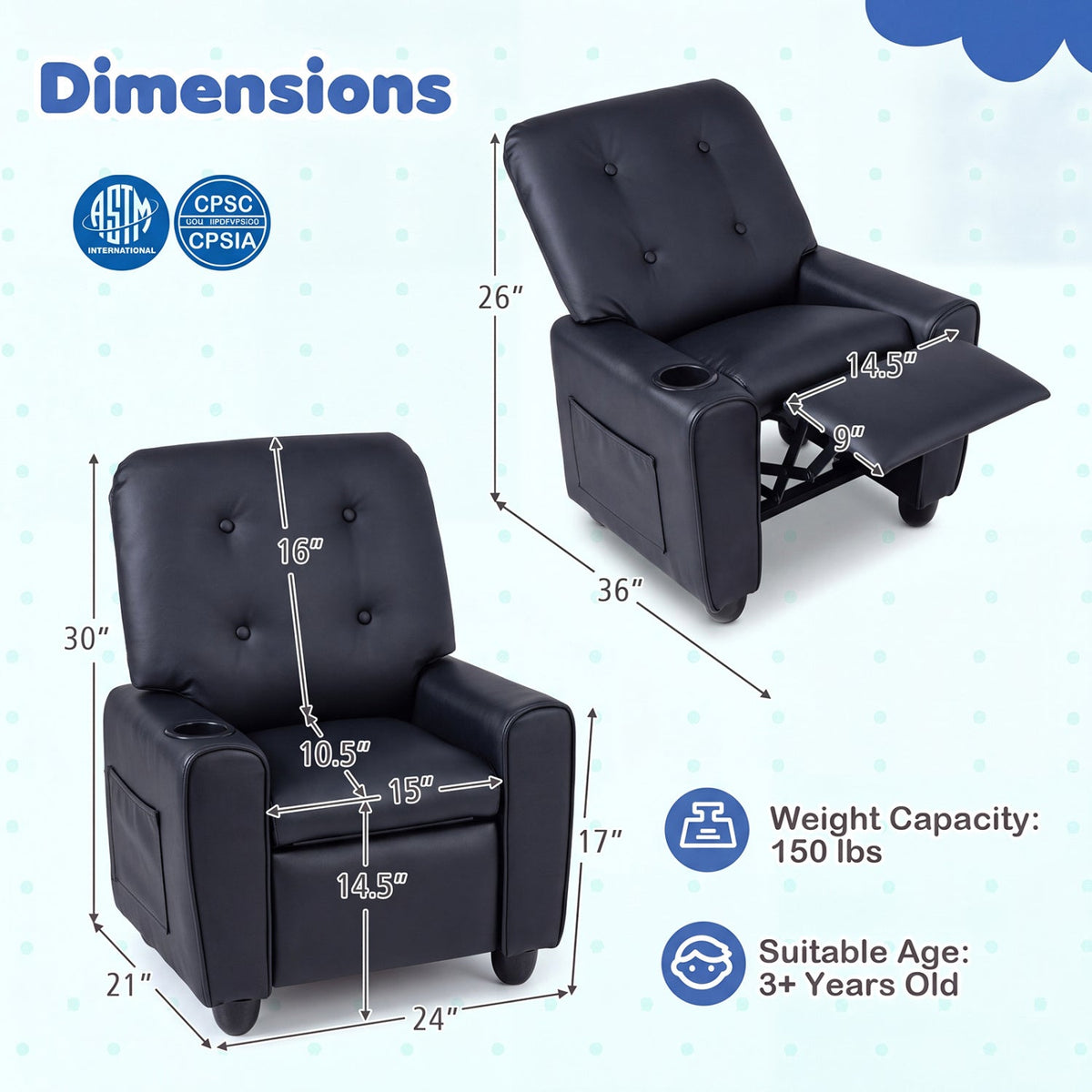 Kids Recliner Chair with Cup Holder & Adjustable Backrest DirectDeals