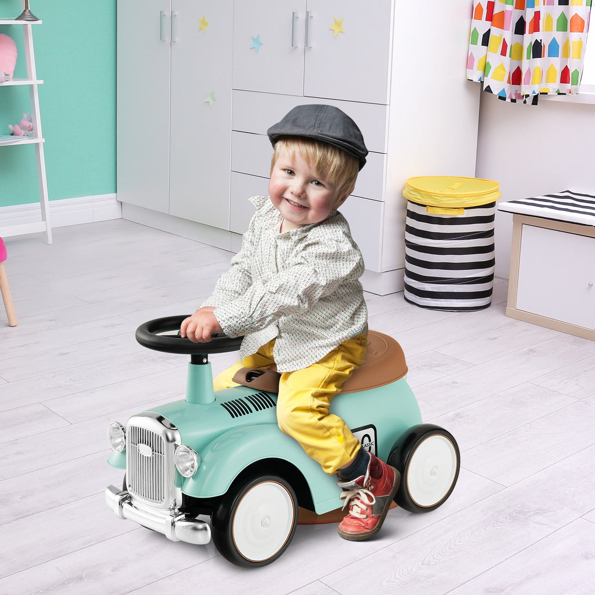 Kids Sit to Stand Vehicle with Working Steering Wheel and Under Seat Storage