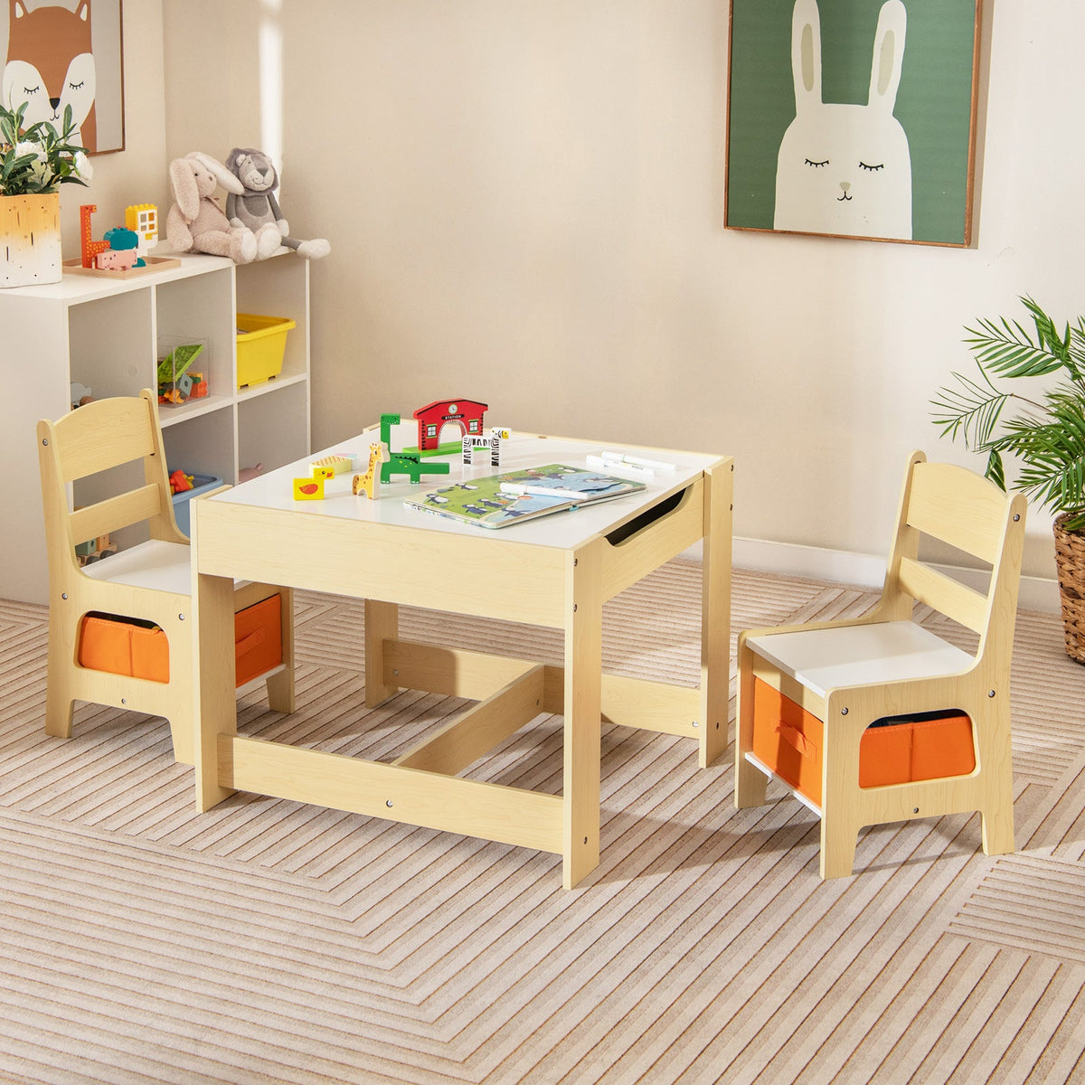 Kids Table Chairs Set With Storage Boxes Blackboard Whiteboard Drawing-Natural GBruno Store