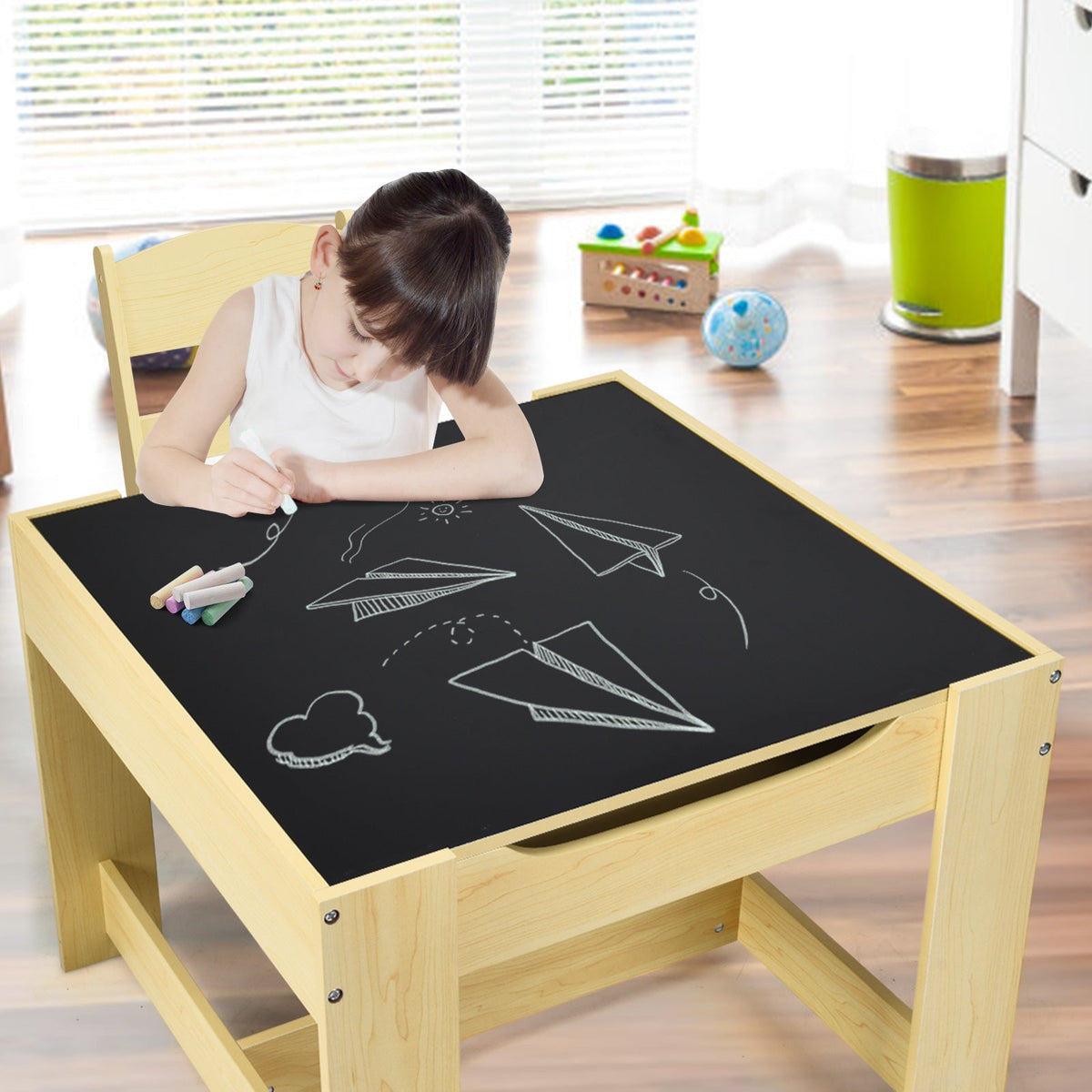 Kids Table Chairs Set With Storage Boxes Blackboard Whiteboard Drawing-Natural GBruno Store