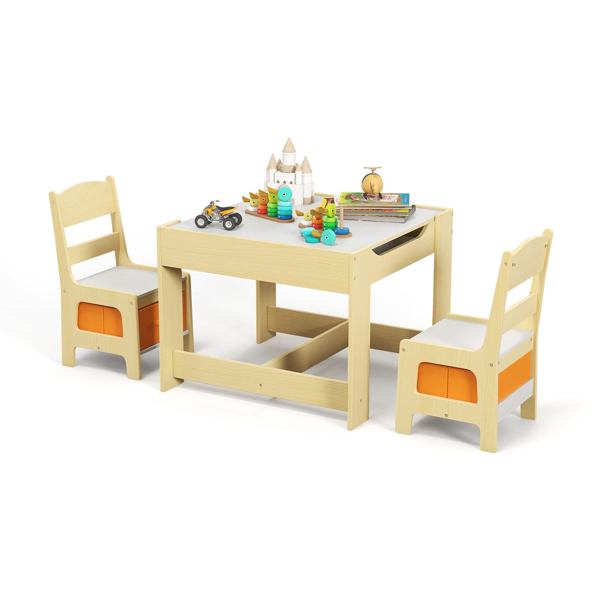 Kids Table Chairs Set With Storage Boxes Blackboard Whiteboard Drawing-Natural GBruno Store