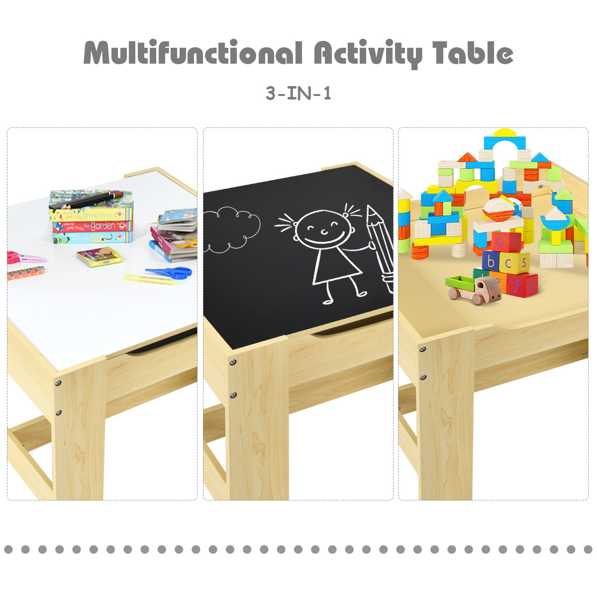 Kids Table Chairs Set With Storage Boxes Blackboard Whiteboard Drawing-Natural GBruno Store