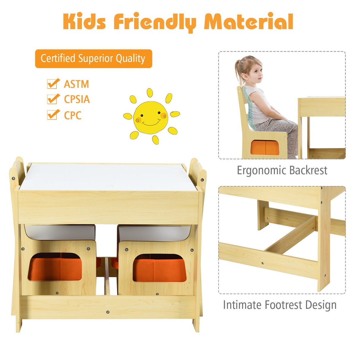 Kids Table Chairs Set With Storage Boxes Blackboard Whiteboard Drawing-Natural GBruno Store