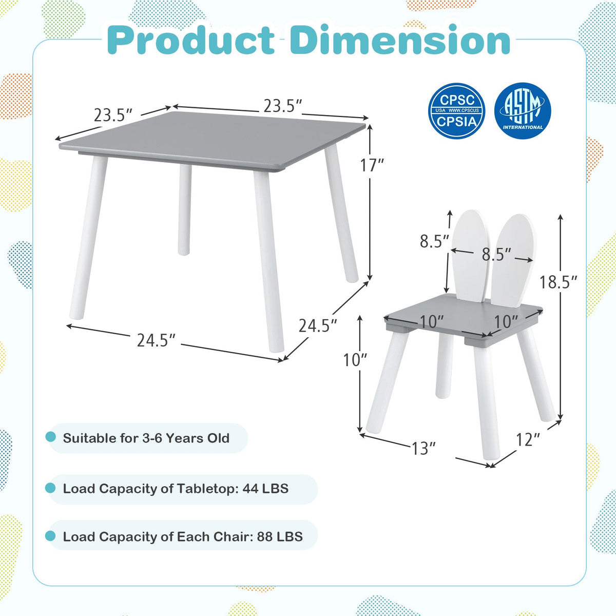 3 Pieces Kids Table and Chairs Set for Arts Crafts Snack Time
