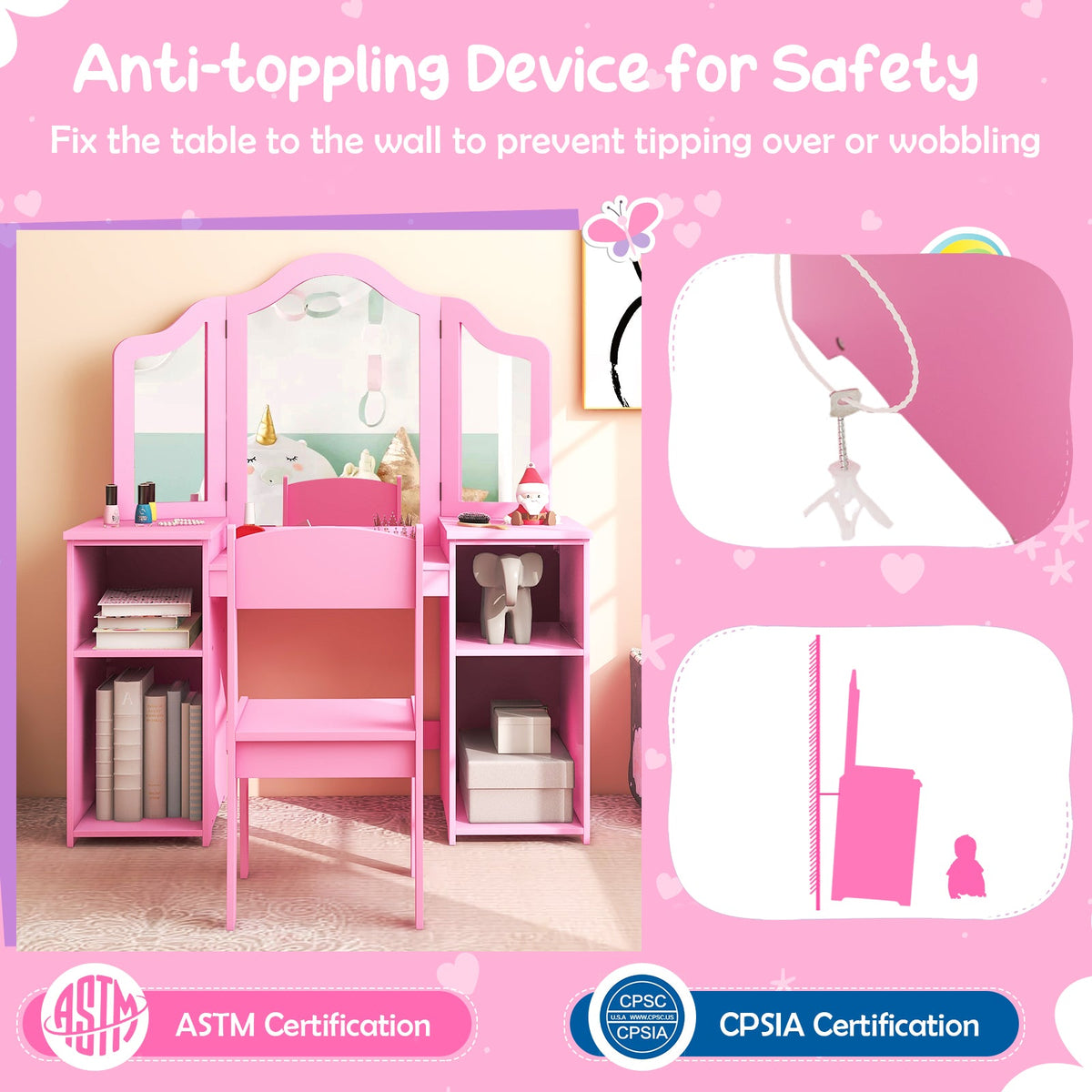 Kids Vanity Table and Chair Set with Removable Tri-Folding Mirror