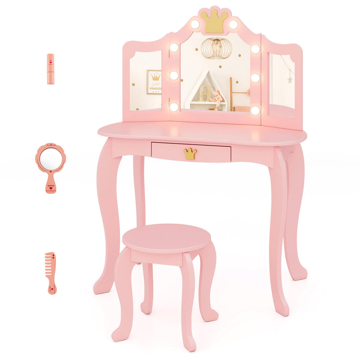 Kids Vanity Set with Tri-fold Lighted Mirror Detachable Top and Stool