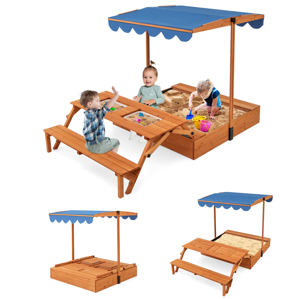 Kids Wooden Sand Box with Foldable Picnic Sensory Table and Bench-Natural