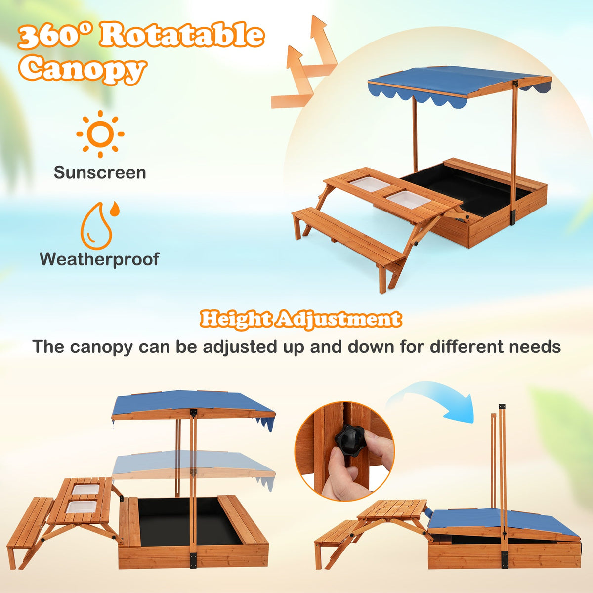 Kids Wooden Sand Box with Foldable Picnic Sensory Table and Bench-Natural