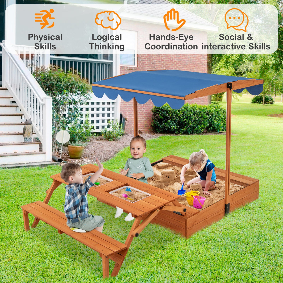 Kids Wooden Sand Box with Foldable Picnic Sensory Table and Bench-Natural